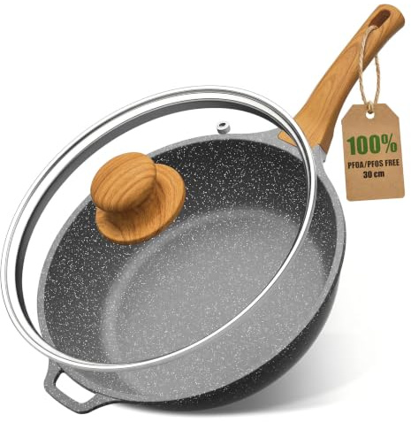 YASHE 12 Inch Nonstick Saute Pan with Glass Lid, 5 QT Large Deep Skillet & Frying Pan, Healthy Granite Stone Cookware for Family, One Pan Replaces Five, Induction Compatible, PFOA Free