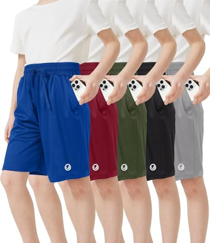 OCYMA 5 Pack Boys Sports Shorts with Pockets, Boys Shorts Kids Quick-Dry Active Youth Basketball Football Pants for Running Gym