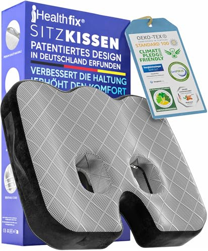 Healthfix® Orthopädisches Sitzkissen für Büro, Auto & Co.- Ergonomisches Sitzen aus Memory Foam mit entlastender Funktion des Steißbeins und der Sitzknochen (Soft (45-70 KG))