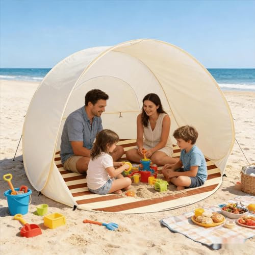 Tente De Plage Pop-up avec Protection UV 3-4 Personnes UPF 50+ | Tente Plage Bebe Anti UV Pliable Avec Protection Solaire, ProtectionUV Et Pare-vent, Abris DePlage Pour Extérieur Vacances