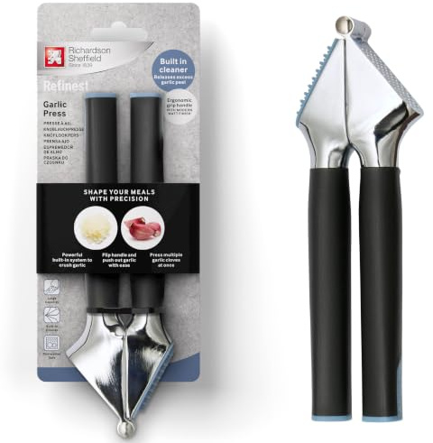 Richardson Sheffield vitlökspress, integrerad rengöring, vitlökspress med stor kapacitet, garlic press, 190 mm total längd, korrosionsbeständig, diskmaskinssäker – svart