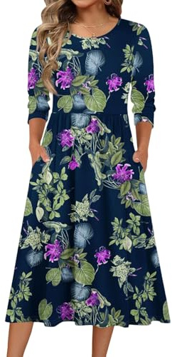 Women's Tea Dress with Pockets Vintage Floral Print Midi Dress, 3/4 Sleeve A-Line Swing Dress
