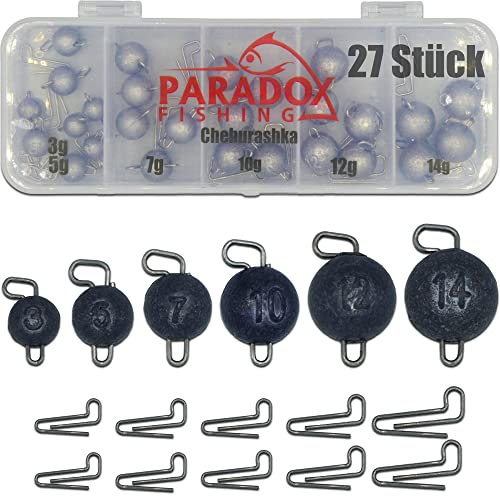 Paradox Fishing Cheburashka Blei Set I 27 Bleie (3g/5g/7g/10g/12g/14g) je 4/5 Stück mit Box (59 teilig) I für Offset Haken - Dropshot Blei Drop Shot Jigköpfe