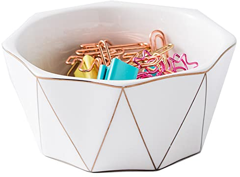 YOSCO Paper Clip Holder With Gold Line Geometric Ceramic Paper Clip Dispenser for Desk Cute Paper Clip Organizer Office Binder Clip Holder (White)