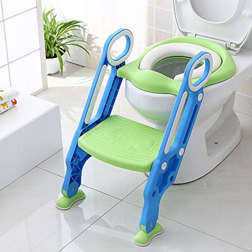 Scaletta Gradini Vasi Riduttore WC per Bambini, Sedile Imbottito, Gradini Antiscivolo con Maniglia, per 1-8 Anni (Blu+verde)