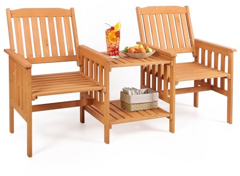 Panana Wooden Outdoor Loveseat, Solid Wood Patio Companion Chair with 2 Tier Coffee Table & Built-in Parasol Hole, Love Seat Bench Furniture Garden Balcony Conservatory