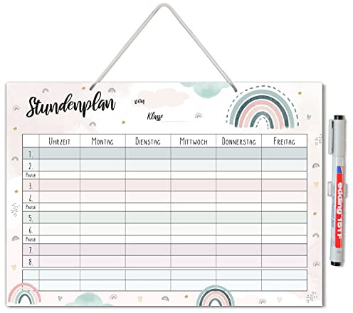 younikat Calendario delle lezioni cancellabile da appendere, motivo arcobaleno, con penna riscrivibile, scuola elementare, ragazzi e ragazze, dv1102