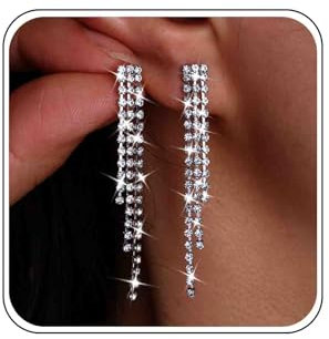 Zierliche Hochzeits Lange Strass Ohrringe Silber Strasssteinen Kristall Ohrhänger Diamant Zirkonia Braut Ohrringe funkelnde Quasten CZ Ohrstecker schlicht glänzend Brautjungfern Party Schmuck Frauen