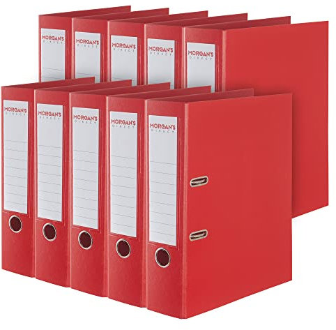 Morgan's Direct A4 Lever Arch Files 70mm Spine – Pack of 10 | Heavy Duty Lever Arch Binders with Finger Hole & Spine Label | Office, School & Home Filing | (Red)