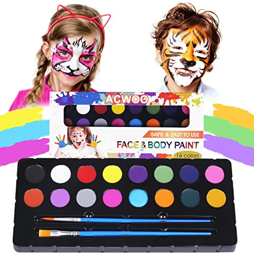 ACWOO Kinderschminke Set, 16 Farben Schminkpalette Mädchen, Waschbar Face Paint Bodypaint Schminkset für Kinder und Erwachsene mit 2 Pinsel, für Halloween Weihnachten Karneval Make-up Fasching
