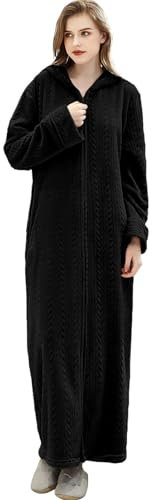 ZFSOCK Vestaglia Lunga Donna Invernale in Pile Morbido con Zip, Accappatoio in Flanella con Cappuccio, Vestaglia Microfibra da Notte per Casa Spa Hotel (Nero, L-XL)