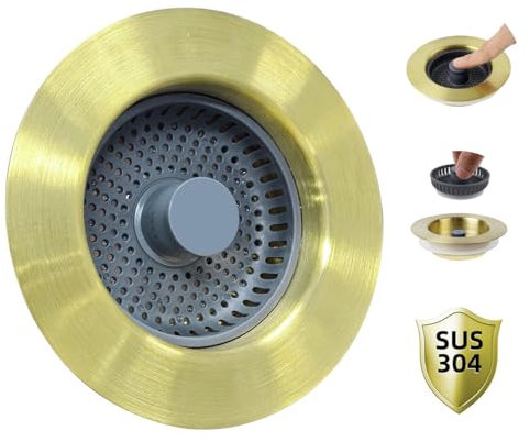 Hibbent Upgraded 3 in 1 Kitchen Sink Drain Strainer and Stopper Combo, Stainless Steel Metal Pop Up Sink Stopper, Anti-Clogging Basket Strainer for US Standard 3-1/2 Inch Drain, Brushed Gold