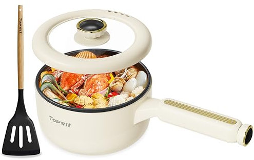 TOPWIT Hot Pot Electric, 2L Multifunctional Electric Pot, Non-Stick Fring Pan, Portable Pot for Steak, Egg, Fried Rice, Ramen, Soup with Dual Power Control (Silicone Spatula Included), Beige