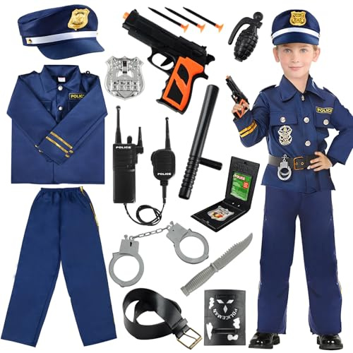 NEUFOOD Costume Poliziotto Bambino, Vestito Poliziotto Bambino Kit Poliziotto Bambino con Polizia Costum Walkie Talkie Manette Distintivo Cappello Polizia Giocattolo per Halloween Carnevale Bambini