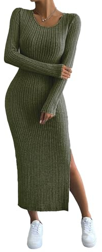 Ever-Pretty Abito Casual in Maglia a Maniche Lunghe Vestito Maglioni Donna Invernali Elegante Abito Midi Pullover Elasticizzato con Spacco con SpaccoVerde Scuro XXL