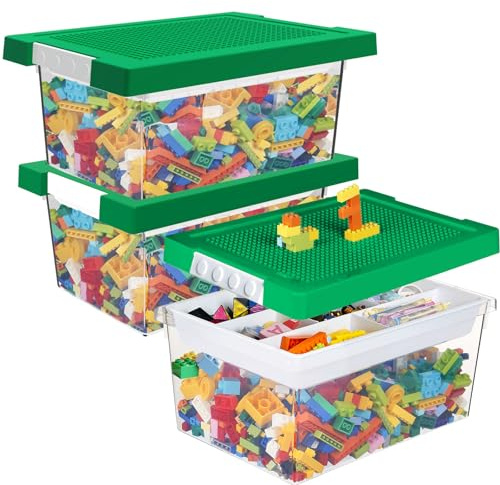 Greentainer Set di 3 contenitori portaoggetti in plastica impilabili con vassoio rimovibile, contenitori per giocattoli per bambini con coperchio per piastra di base, contenitore per mattoni da