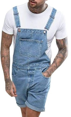 Runcati Herren Latzhose Baumwolle Jeans Overall Kurze Arbeitshose Loose Fit Männer Denim Jumpsuit mit Taschen Blau L