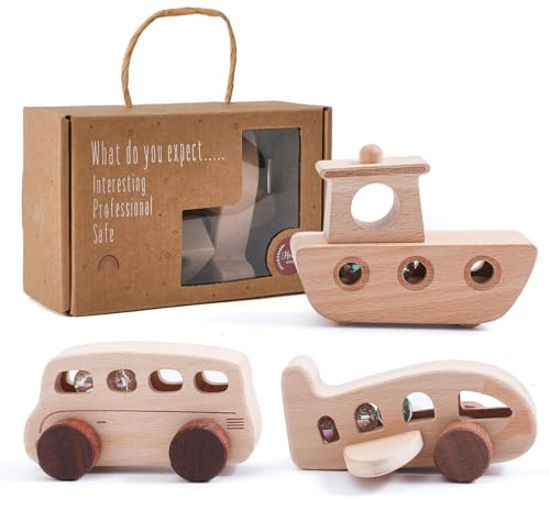 Wooden Cars for Toddlers 1-3, Wooden Vehicles Baby Cars Set with Bus, Airplane and Boat, Montessori Rattle Toys with Rolling Beads, Ideal for Boys and Girls