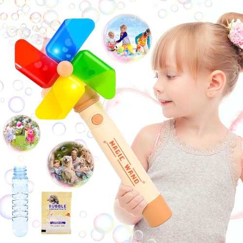 ZWOOS Macchina Bolle di Sapone Bambini Mulino a Vento, Spara Bolle di Sapone Automatico con Soluzione, Mulino a Vento Gira, Effetti Sonori e Luce LED Colorata per Bambini, Festa