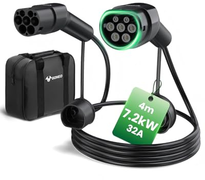 GONEO Cable de Carga Tipo 2 7,2kW 32A 4M, Modo 3 Cable Carga para Coche Eléctrico con Bolsa,IP54 Impermeable,Compatible con Tesla,Kia,BYD,Renault,MG,Volkswagen,etc