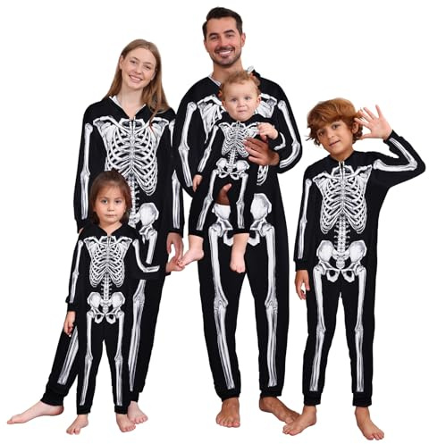 URMAGIC Family Matching Pyjamas Halloween Skeleton Costume Long Sleeve Hooded One Piece Jumpsuit Sleepwear Nightwear Pajamas Pjs for Men Women Children Boys Girls
