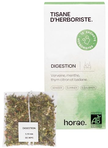 Horae - Tisane digestion bio 15 sachets - Infusion de verveine, menthe, thym, citron, badiane - Tisane digestive pour éliminer - Tisane d'herboristes produite en France