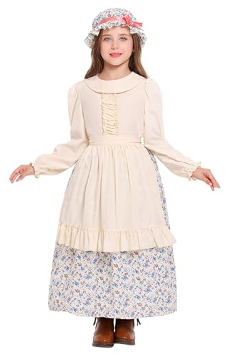 KBOPLEMQ Abbigliamento medievale per bambini ragazze coloniale pioniere abito da contadina costume travestimento con grembiule e cappuccio abito vittoriano Rinascimentale maxi abito vintage elegante