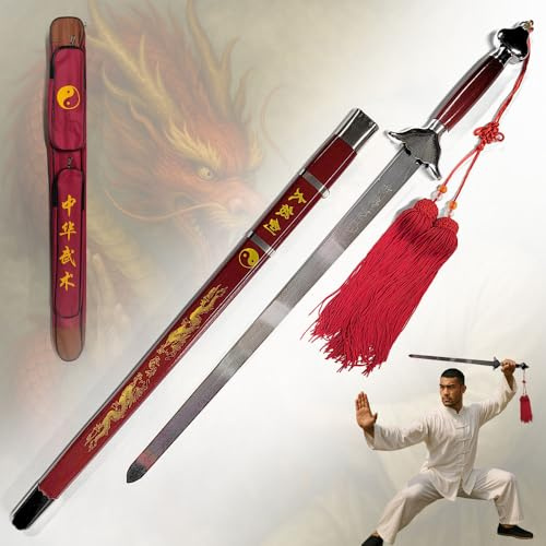 Tai Chi Schwert flexibel kurz 56cm Klinge | Wushu Jian für Profis & Einsteiger | Leichtes Kung Fu Übungsschwert mit Schnapp-Effekt | Inkl. Holzscheide & Tasche