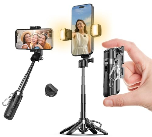 Portable Selfie Stick Tripod with Dual Fill Lights & Bluetooth Remote – 3-in-1 Pocket Size Phone Tripod with 2 Cold Shoe Mounts for iPhone Android – Mini Video Stand for Live Streaming