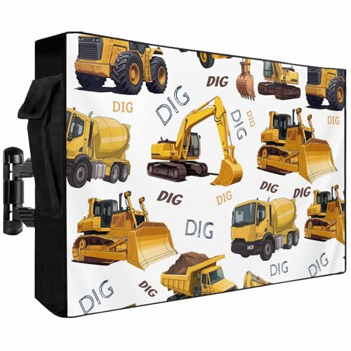 Construction Truck Outdoor TV Cover Waterproof & Weatherproof TV Covers 30-32 Inch, Outside Zipper Television Screen Protector Enclosure Remote Control Pocket, Cartoon Grips and Bulldozers Stirrup Car