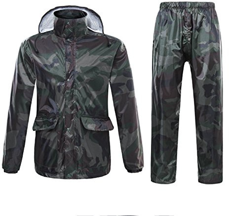 Freiesoldaten Men/Women Waterproof Jacket/Trouser Suits Windproof Coat/Pants Set Motorcycle Raincoat with Hideaway Hood, 3XL, Army Green