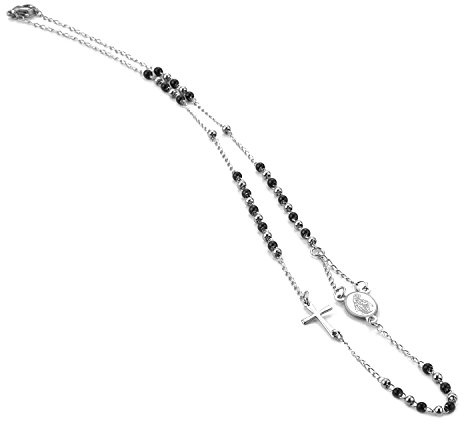 SAGA GIOIELLI COLLANA ROSARIO UOMO DONNA GIROGOLA SFERE NERE ARGENTO ACCIAIO