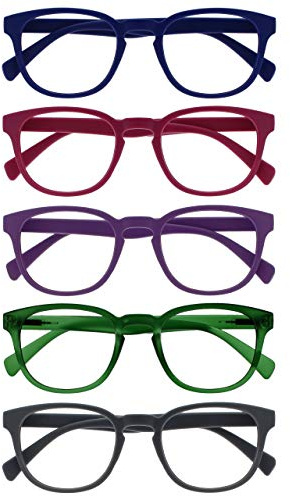 OPULIZE Pop Gafas de Lectura Pack de 5 Redondas Azul, Rosa Fucsia, Violeta, Verde Musgo y Gris Mate Satinado Bisagras con Muelle Resistentes a los Arañazos Hombre Mujer RRRRR2-34567 +1.50