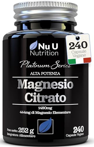 Magnésium Citrate 1480mg - 240 Capsules Végétaliennes - Fournissant 444mg de Magnésium Élémentaire - Cure de 4 Mois - Complément Concentré Haute Puissance - Fabriqué en Europe – Nu-U