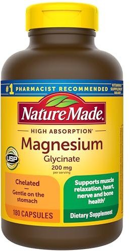 Nature Made Magnesium Glycinate 200 mg per serving, Magnesium Supplement for Muscle, Heart, Nerve and Bone Support, 180 Magnesium Bisglycinate Capsules, 90 Day Supply