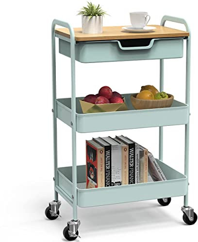 Shrivee 3-Tier Küchenwagen mit Tisch und Schublade, Allzweckwagen, Metallnutzungen Rollwagen, Regalwagen für Bürosalon, Allzweckkosmetik, Servierwagen für Küche, Badezimmer, Büro (Hellgrün)