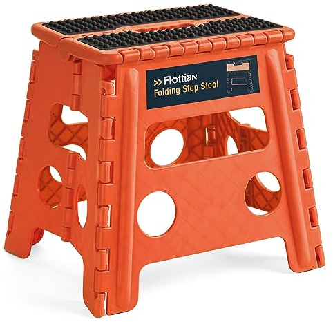 Flottian 13 Folding Step Stool for Adults and Kids Holds Up to 300 lbs,Non-Slip Folding Stools with Handle, Compact Plastic Foldable Step Stool for Bathroom,Bedroom, Kitchen,Orange-Red,1PC