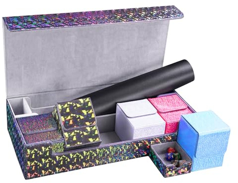 Dmoicols Card Deck Box with 5 Small Boxes and Play Mat,Premium Leather Large Card Storage Box Holds up to 1000+ Cards,TCG/MTG Deck Box for Magic Yugioh Game Trading Cards(Sparkly Black Kit)