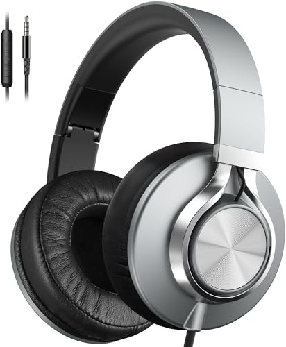 Ailihen Auriculares con Cable con micrófono y Control de Volumen, Auriculares estéreo Plegables con Cable para Adolescentes y Adultos, 3.5 mm para computadoras, Chromebooks, tabletas (Gris)