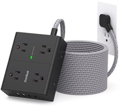 Surge Protector Power Strip 25 Ft Cord, Ultra Thin Flat Extension Cord with 8 Outlets 4 USB Ports(2 USB C), Flat Plug Power Strip, 25 Ft Long Braided Power Cord for College Dorm Room Essentials-BK