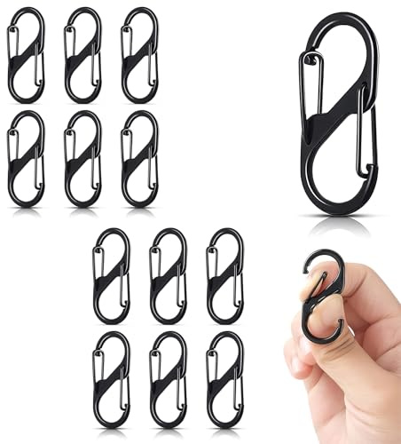DHWEKU 12 Unidades S mosquetón Llavero Mini Negro Llavero de aleación de Aluminio mosquetón en Forma de S Hebilla de Metal Doble mosquetón para Senderismo, Camping, Viajes