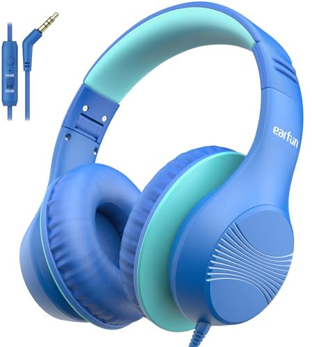EarFun K3 - Auriculares para niños, auriculares sobre la oreja con micrófonos, límite de volumen seguro de 85/94 dB, sonido estéreo HD, conector de 3,5 mm, auriculares plegables con cable para