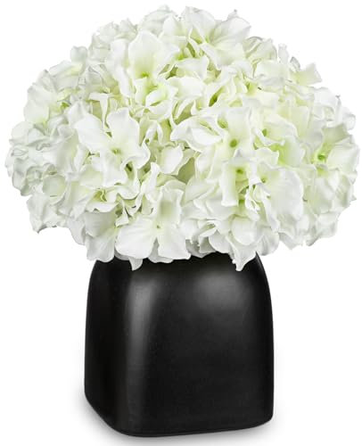Briful 12.2 Hydrangea Artificial Flowers in Vase Silk Flowers for Decoration - White Artificial Flower in Ceramic Pot for Summer Decor - Faux Hydrangea Flower for Centerpieces Home Decor