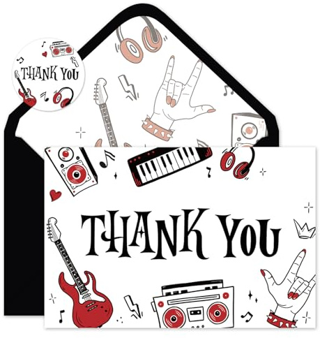FYSUIMU 24 Pack Rock and Roll Thank You Cards Bulk Music Blank Note Cards with Envelopes Stickers Black Red Greeting Cards for Birthday Baby Shower