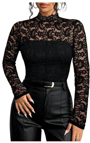 GORGLITTER Women's Lace Sheer Long Sleeve T Shirts Mock Neck Sexy Skinny Elegant Evening Party Tops Black M