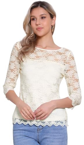 Allegra K Haut en Dentelle Florale Femme Manches 3/4 Col Rond Chemisier Décontracté Élégant Blouse en Dentelle Abricot S