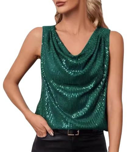 Débardeur Femme sans Manches- Top à Paillettes Col V Soirée Fête Blouse Brillante sans Manches Clubwear Disco Costume Carnaval Fête Tenue de Rave Slim Fit Soirée Cocktail Vintage Ample Hauts