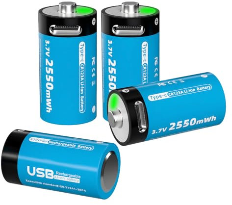 Pilas Recargables CR123A Paquete de 4 con Cable USB Tipo C Batería Litio 3,7V 2550mWh para Cámaras (VMC3030/VMK3200/VMS3330/3430/3530), Linternas y Micrófonos