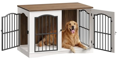 HOOBRO Hundekäfig Möbel, 100cm Hundebox für Zuhause, Moderne Hundebox Indoor mt 3 Türen für mittelgroße Hunde, für Wohnzimmer, Schlafzimmer, Treppenhaus, 100 x 60 x 67,5 cm, Weiß und Walnuss EWH66GW03