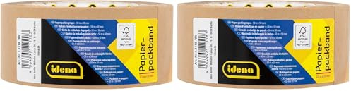 Idena 11118 - Ruban d'emballage en papier, brun, 5 cm x 50 m extra fort, rouleau de ruban adhésif en papier recyclé, ruban d'emballage durable (Lot de 2)